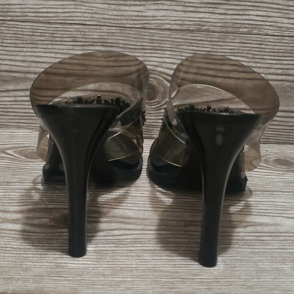 Karl Lagerfeld Brently smoke plastic straps with rhinestones high heels size 8.5